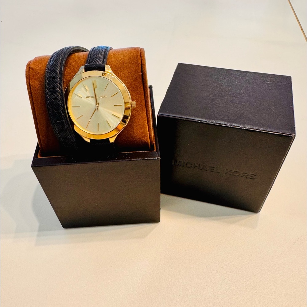 Michael Kors Gold Dial with Black Leather Strap